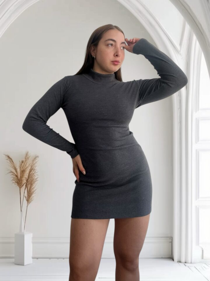 VESTIDO MEDIA POLERA LANILLA - GRIS TOPO - Imagen 2